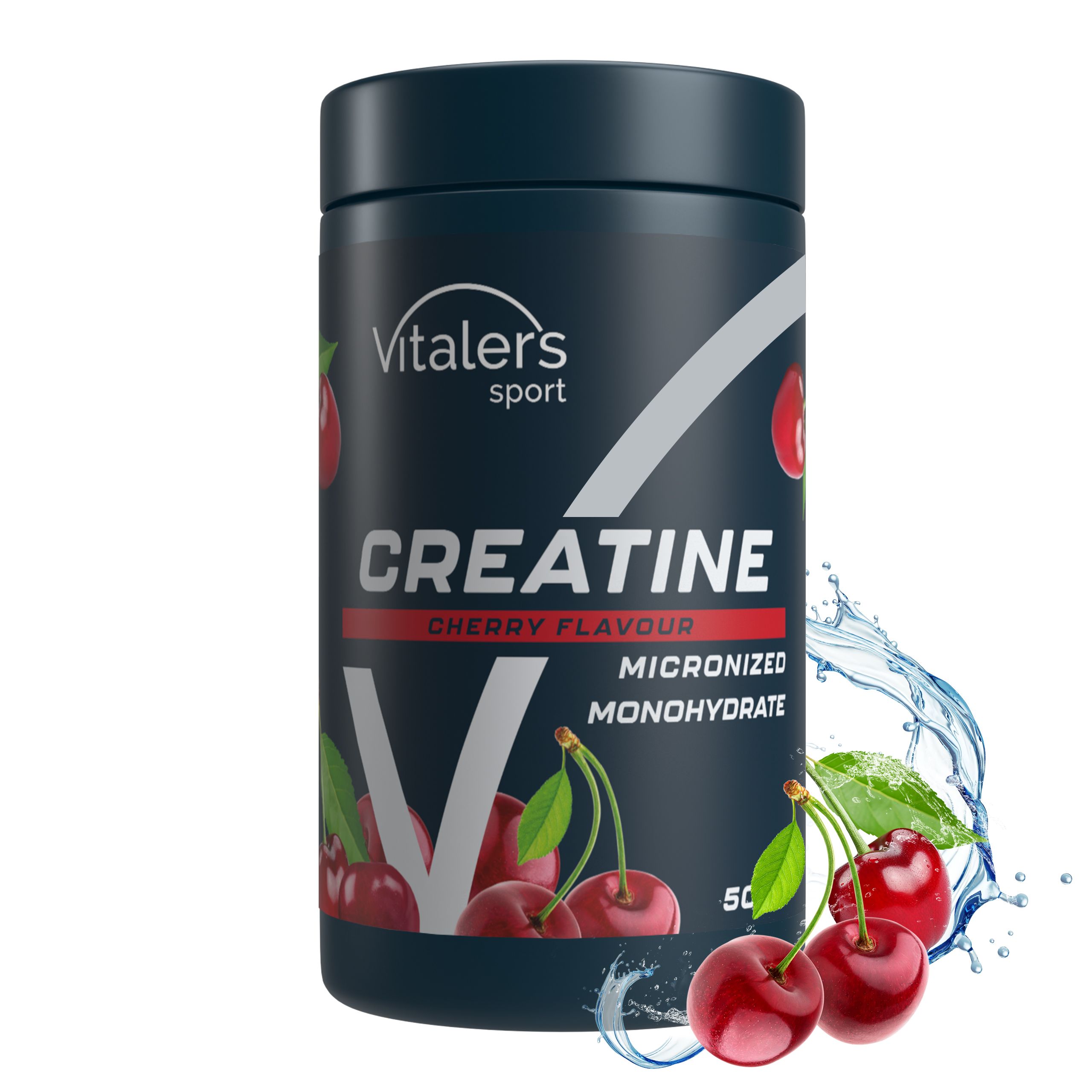 Récipient bleu foncé avec logo Vitaler's Sport, saveur cerise, créatine monohydrate et cerises.
