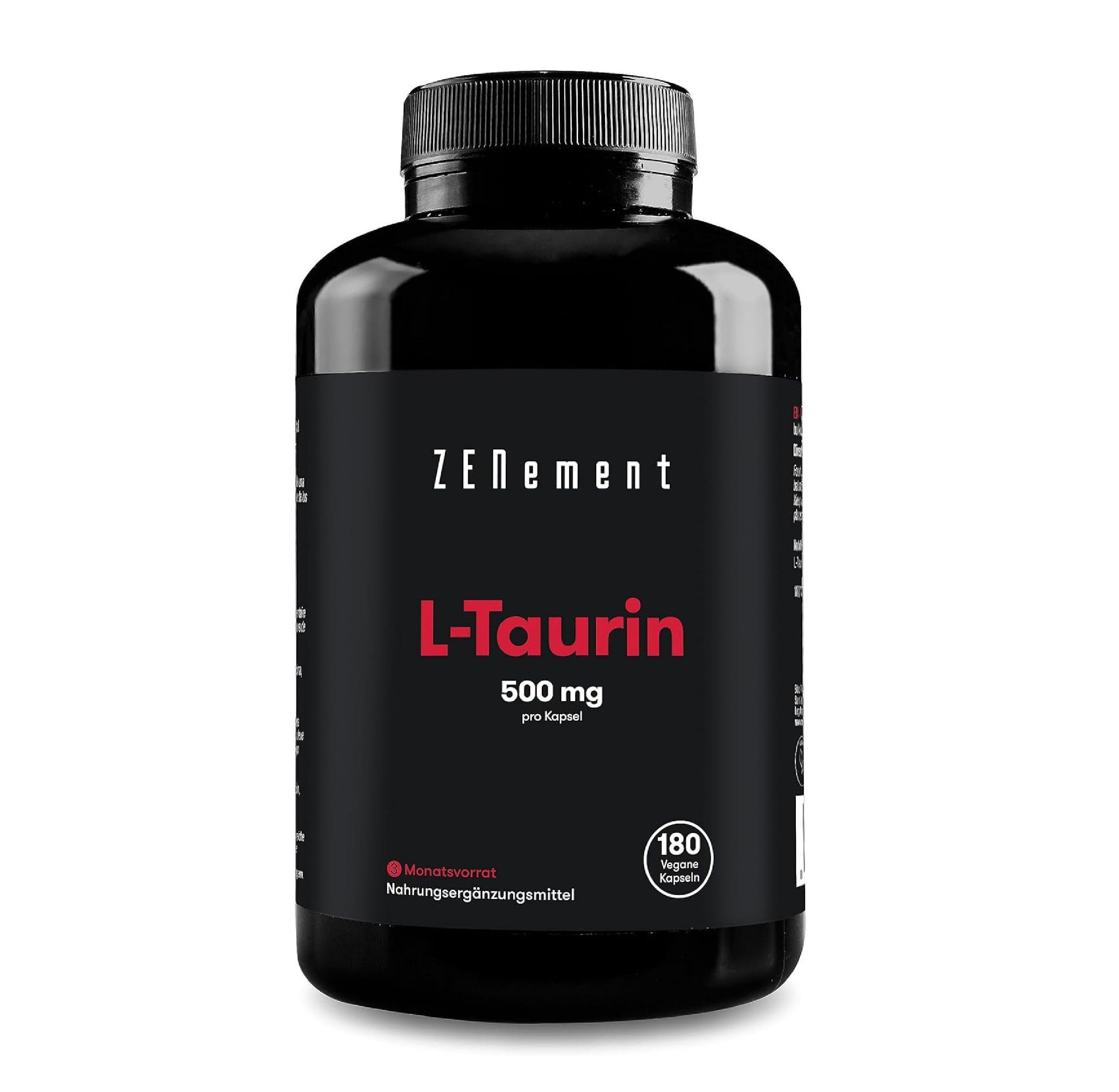 Flacon noir de gélules L-Taurine Zenement. Inscription : L-Taurine 500mg par gélule. 180 gélules. Complément alimentaire.