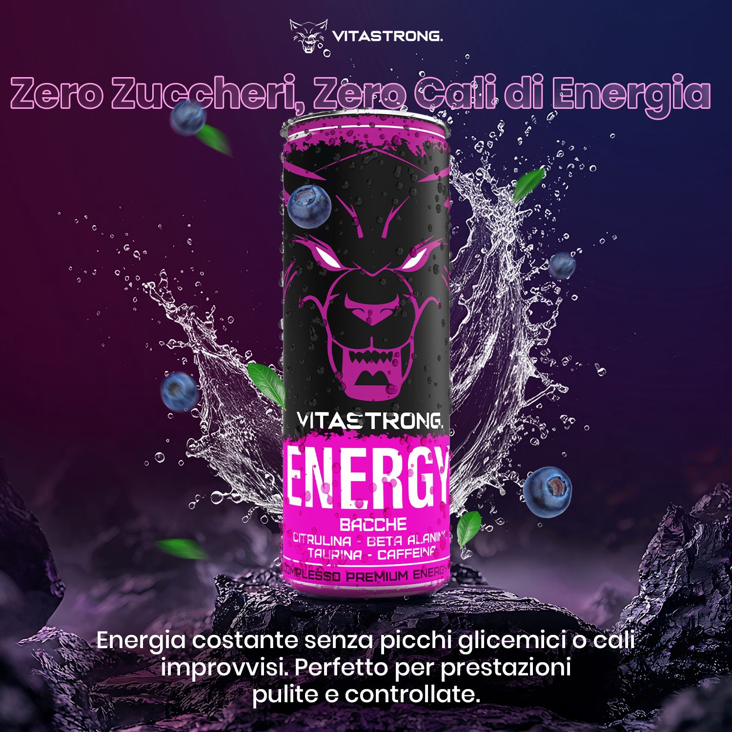 Canette Vitastrong Energy Berries, baies bleues, texte. Zéro sucre, zéro calorie, énergie.