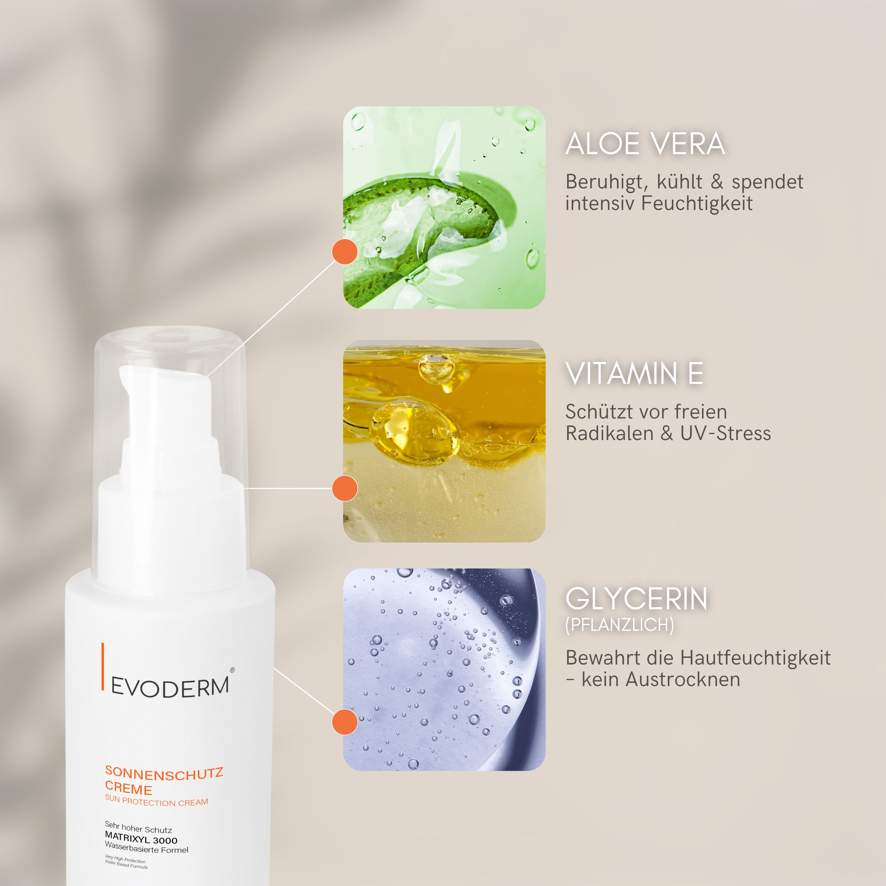 Zonnecrèmefles met ingrediënten: Aloë Vera, Vitamine E, Glycerine.