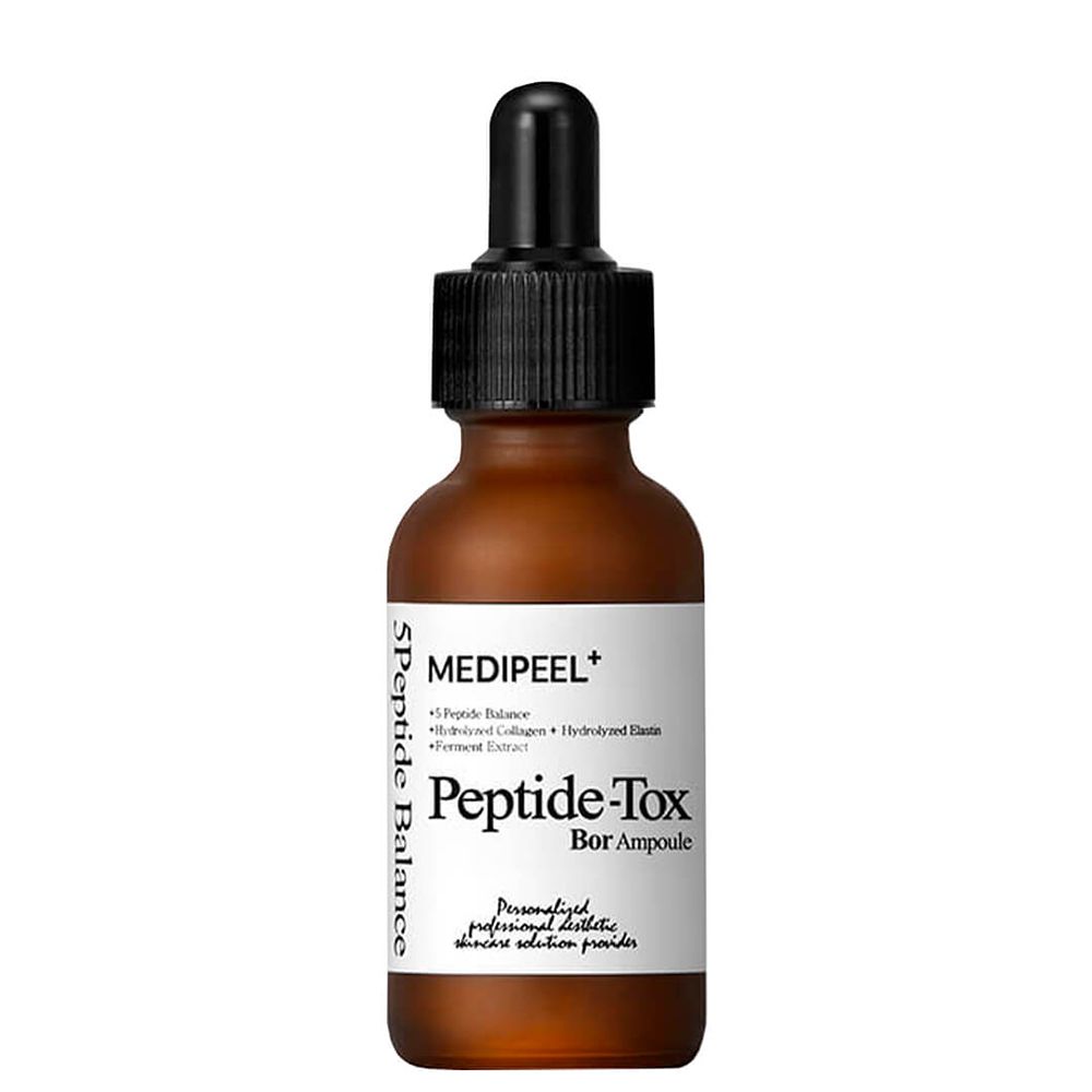 Flacon en verre brun avec compte-gouttes, étiquette 'Peptide-Tox Bor Ampoule' et 'MEDIPEEL'.