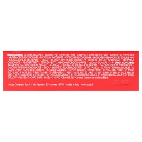Emballage rectangulaire rouge avec texte blanc. Contient ingrédients et informations sur l'entreprise. Texte: Made in Italy.