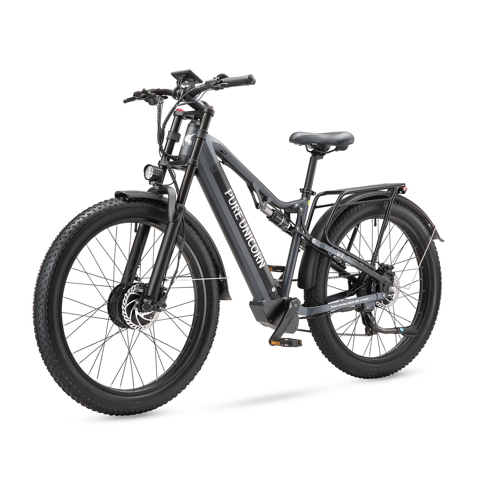 VTT électrique noir Pure Unicorn U7. Gros pneus, porte-bagages, phare et inscription Pure Unicorn.