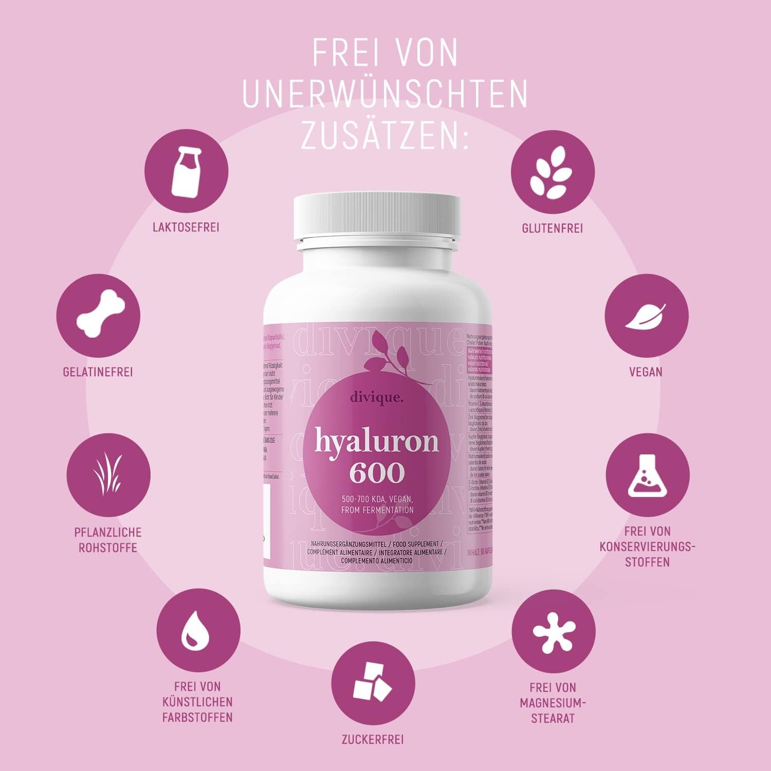 Fles Divique Hyaluron 600. Tekst: Lactosevrij, glutenvrij, gelatinevrij, vegan, plantaardige grondstoffen, suikervrij, zonder conserveringsmiddelen, zonder magnesiumstearaat, zonder kunstmatige kleurstoffen.