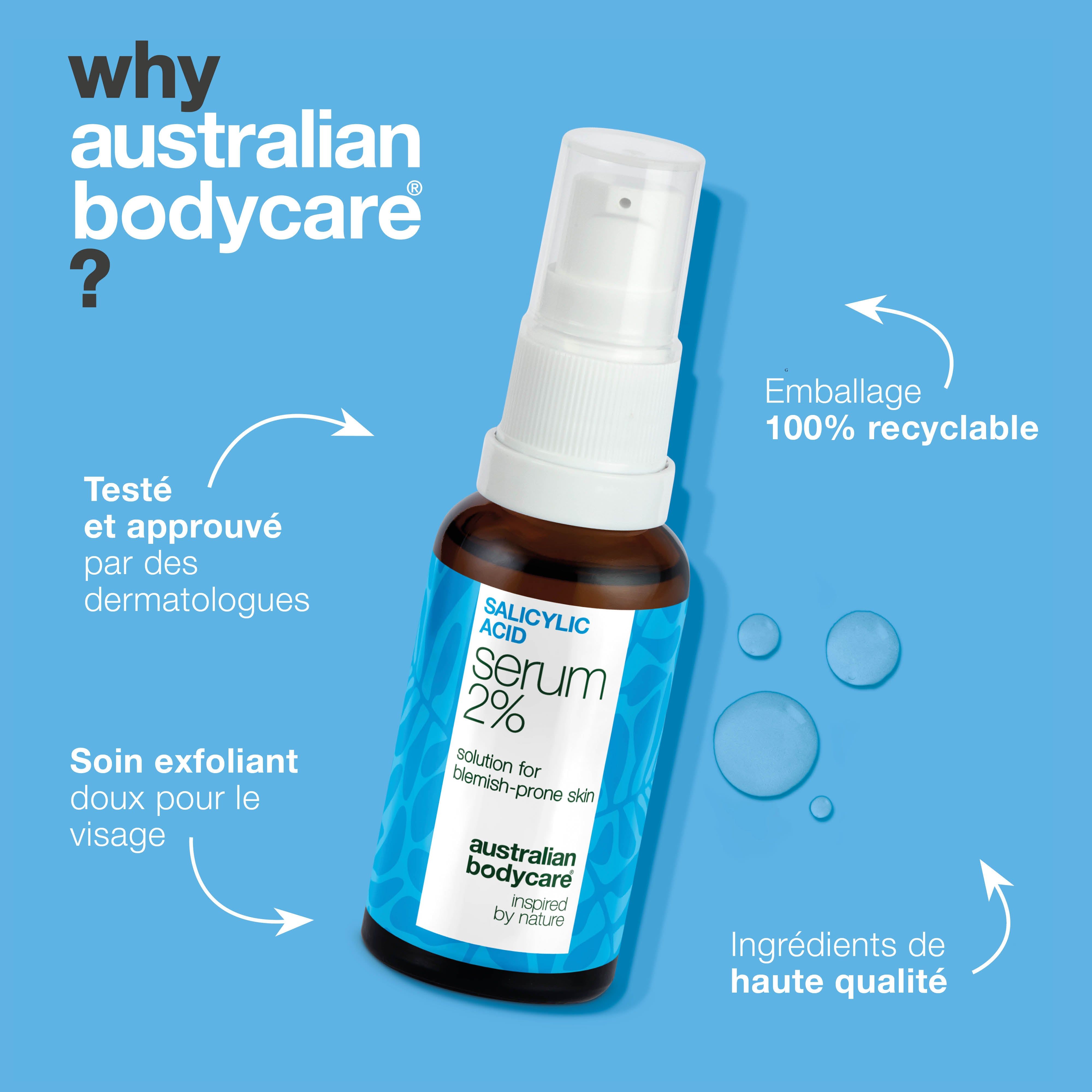 Flacon de sérum, texte : Salicylic Acid Serum 2%, australian bodycare. Texte : Pourquoi australian bodycare ?