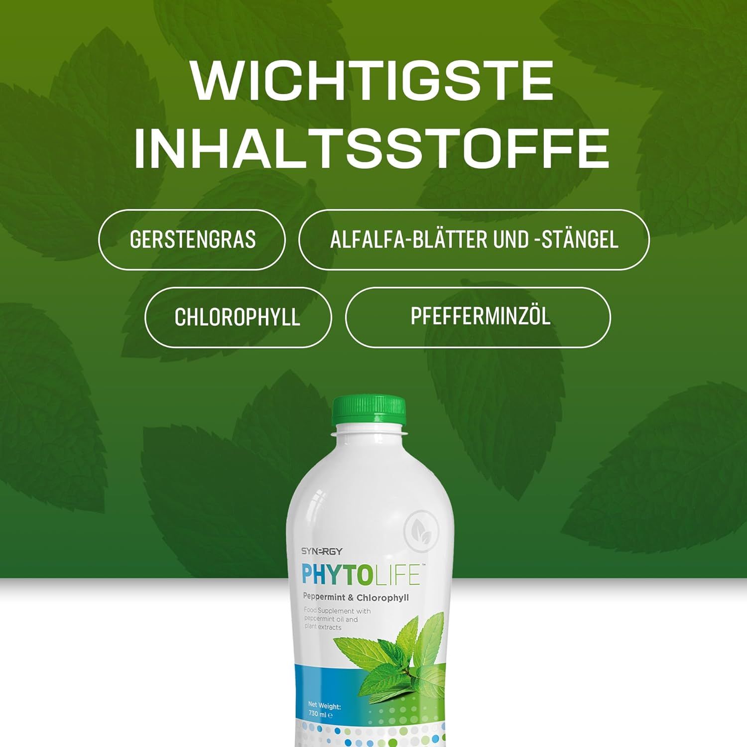 Bouteille blanche, bouchon vert. Inscription: Phytolife. Texte: Herbe d'orge, feuilles de luzerne, chlorophylle, huile de menthe poivrée.