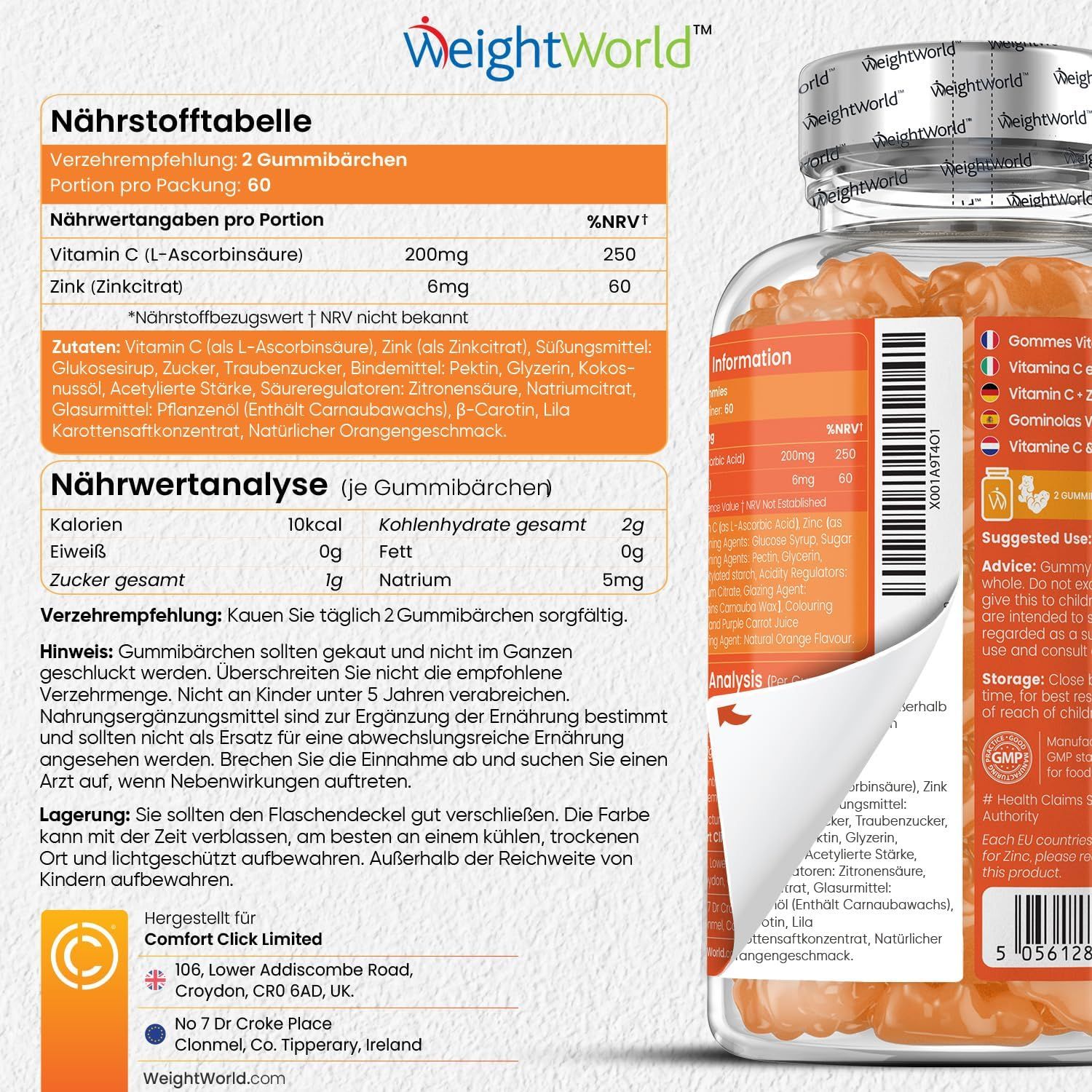 Close-up van de voedingstabel van WeightWorld Vitamine C & Zink Gummibärchen. Tekst en informatie.