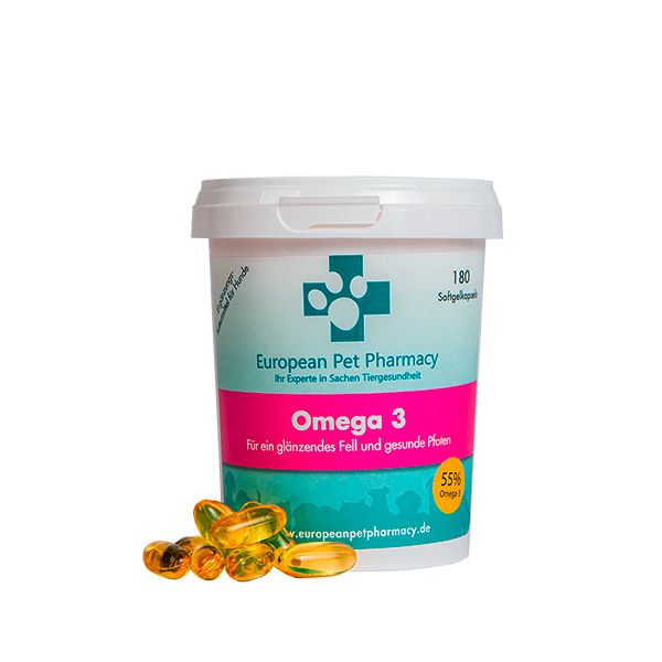 Emmer Omega 3 en capsules. Witte deksel met logo. Roze en turquoise opdruk. Tekst: European Pet Pharmacy, Omega 3, voor een glanzende vacht en gezonde poten.