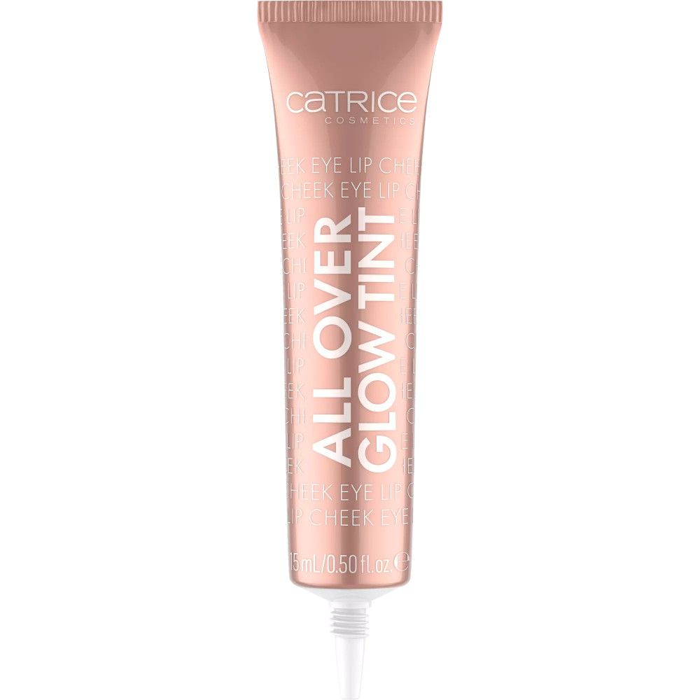 Tube de produit. Tube rose avec bouchon blanc. Inscription : ALL OVER GLOW TINT. Marque : CATRICE.