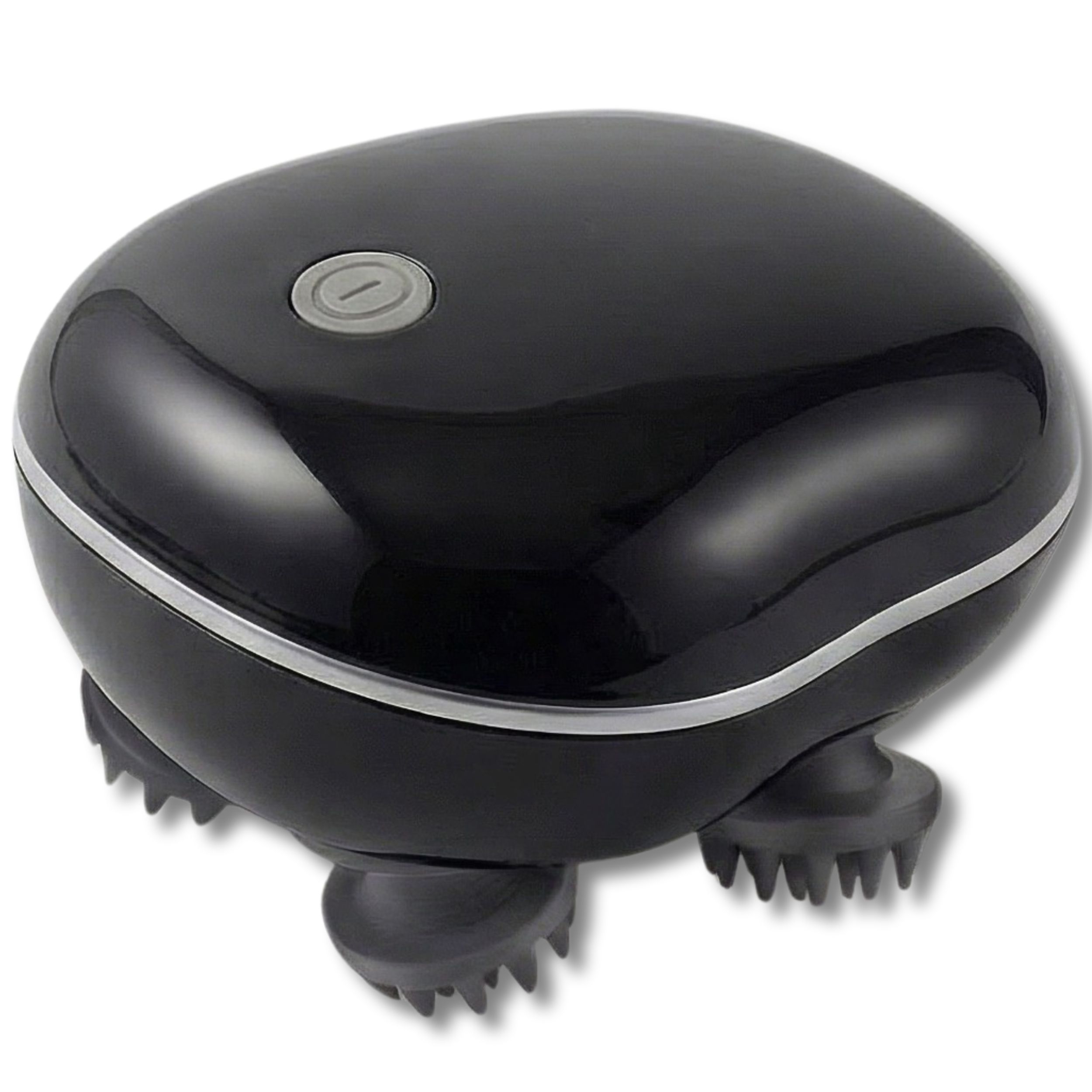 Masseur noir avec têtes de massage grises. Forme ovale avec bordure argentée. Dessus avec bouton.