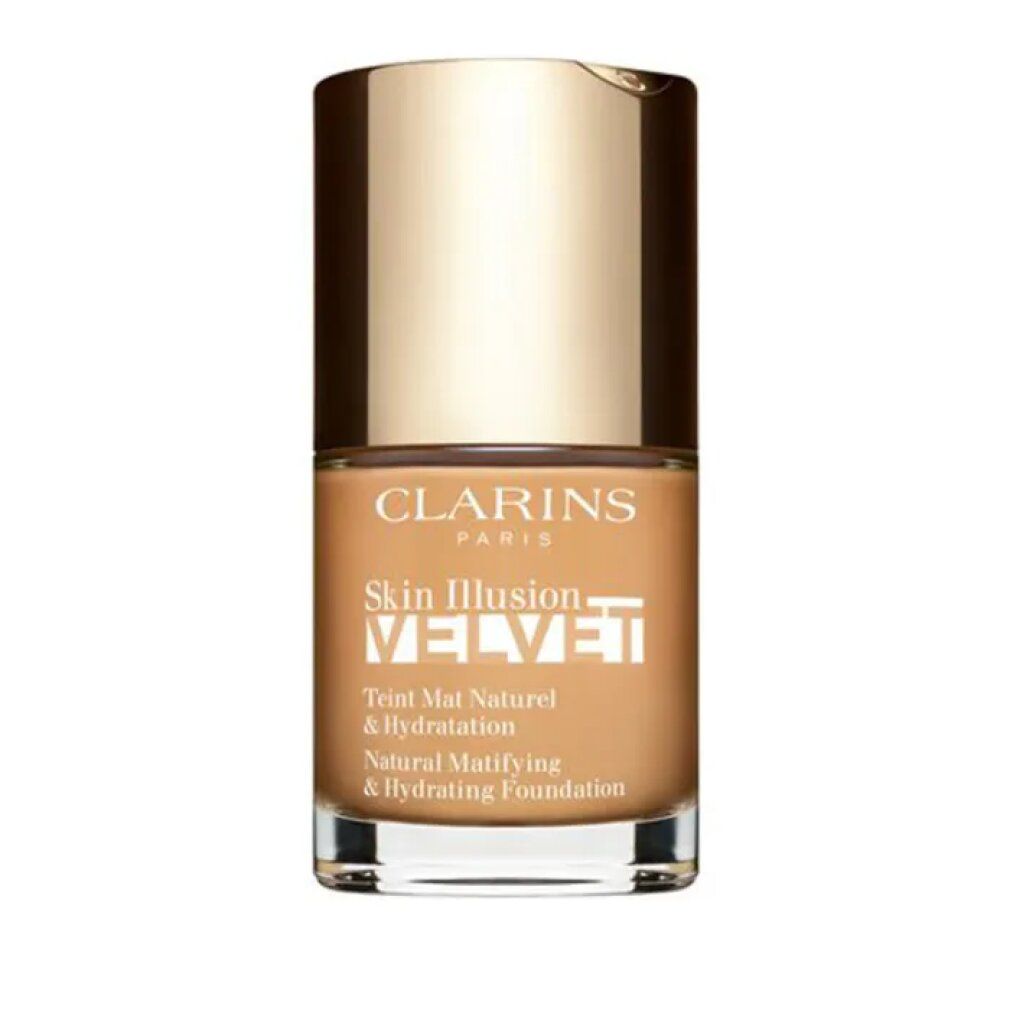 Flacon de fond de teint Clarins Skin Illusion Velvet, bouchon doré. Teinte moyenne.
