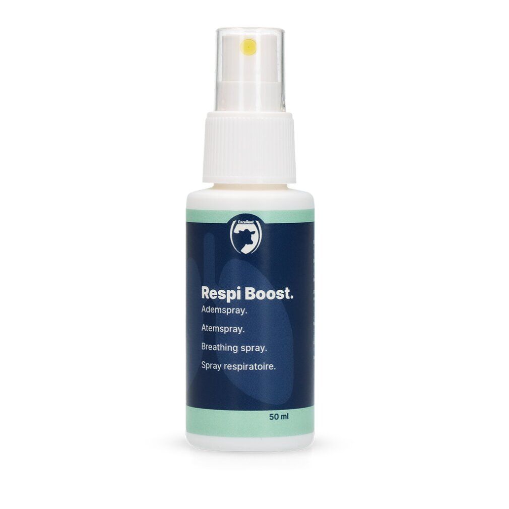 Flacon spray blanc avec étiquette bleue. Inscription: Respi Boost, spray respiratoire, 50 ml.