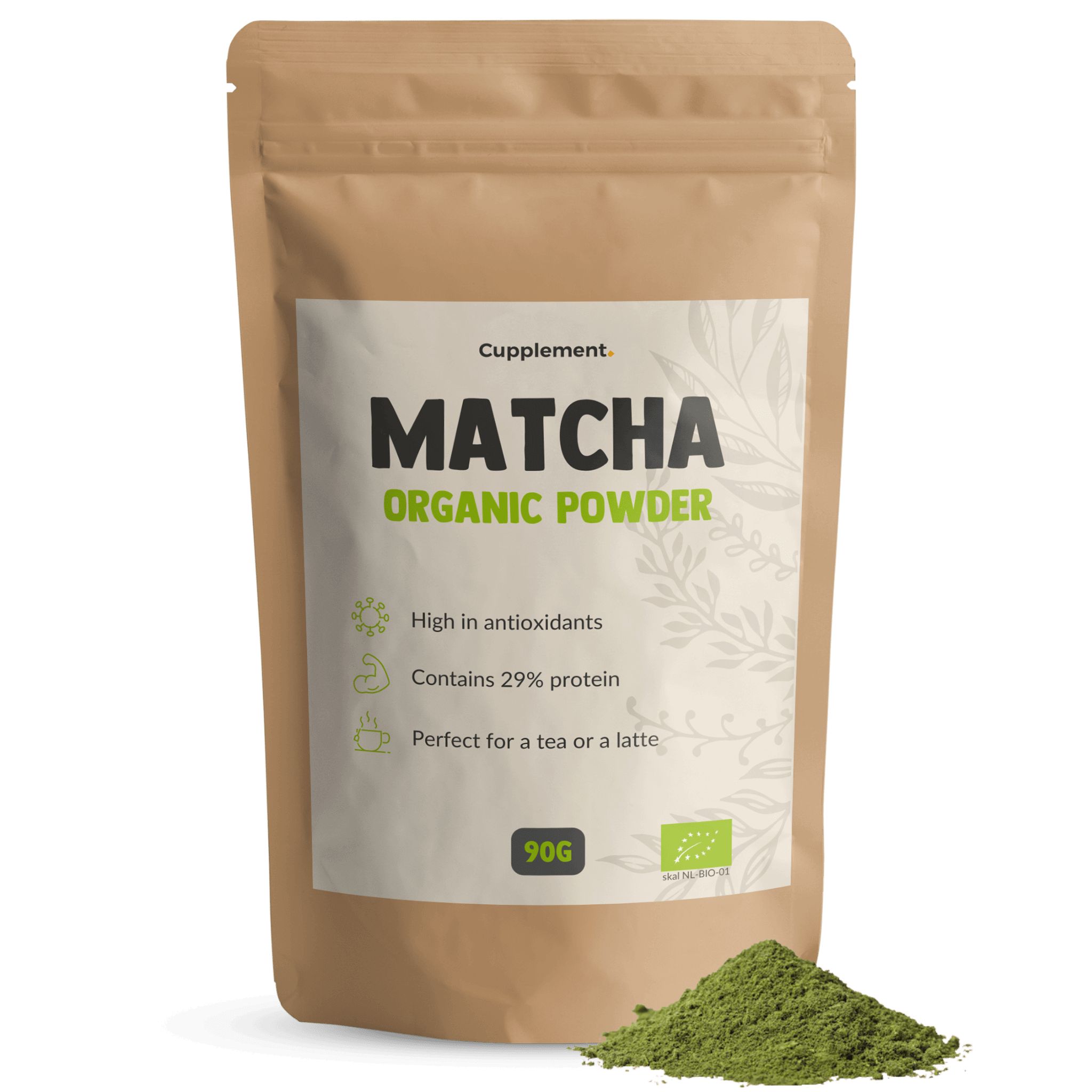 Zakje matcha poeder. Opschrift: Matcha Organic Powder. 90g. Bio-keurmerk. Groen poeder ernaast.