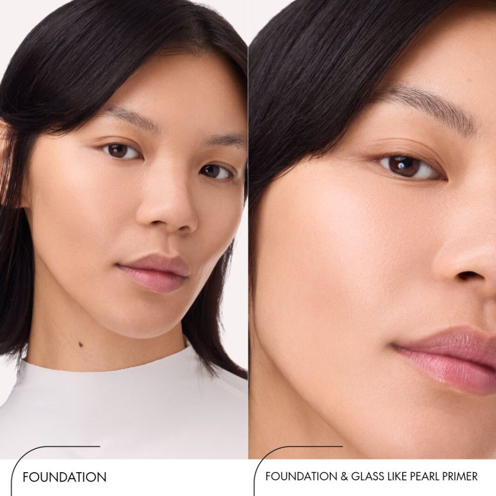 Vergelijking: gezicht met foundation en gezicht met foundation & Glass Like Pearl Primer. Beide gezichten zijn van een vrouw.