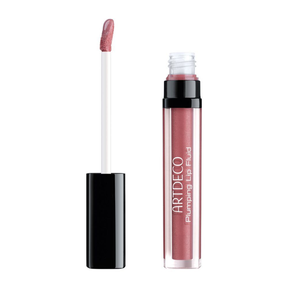 ARTDECO Plumping Lip Fluid dans un flacon transparent avec applicateur noir et capuchon noir. Fluide à lèvres rose brillant.