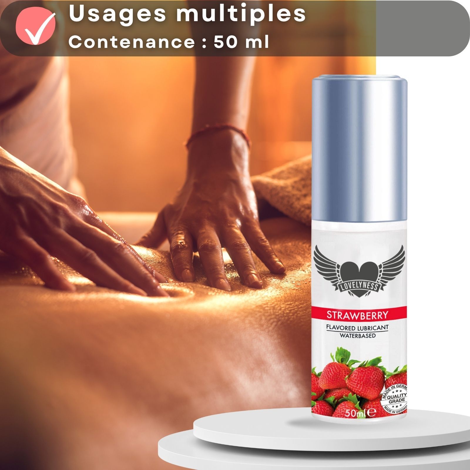 Flacon de lubrifiant avec fraises et texte. Texte : Strawberry, Flavored Lubricant, Waterbased.