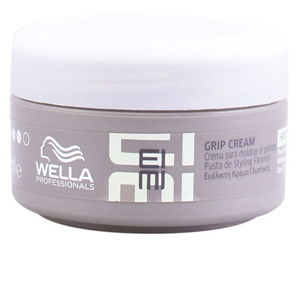 Potje Wella Eimi Grip Cream. Grijze pot met witte deksel. Opschrift Eimi en Grip Cream.