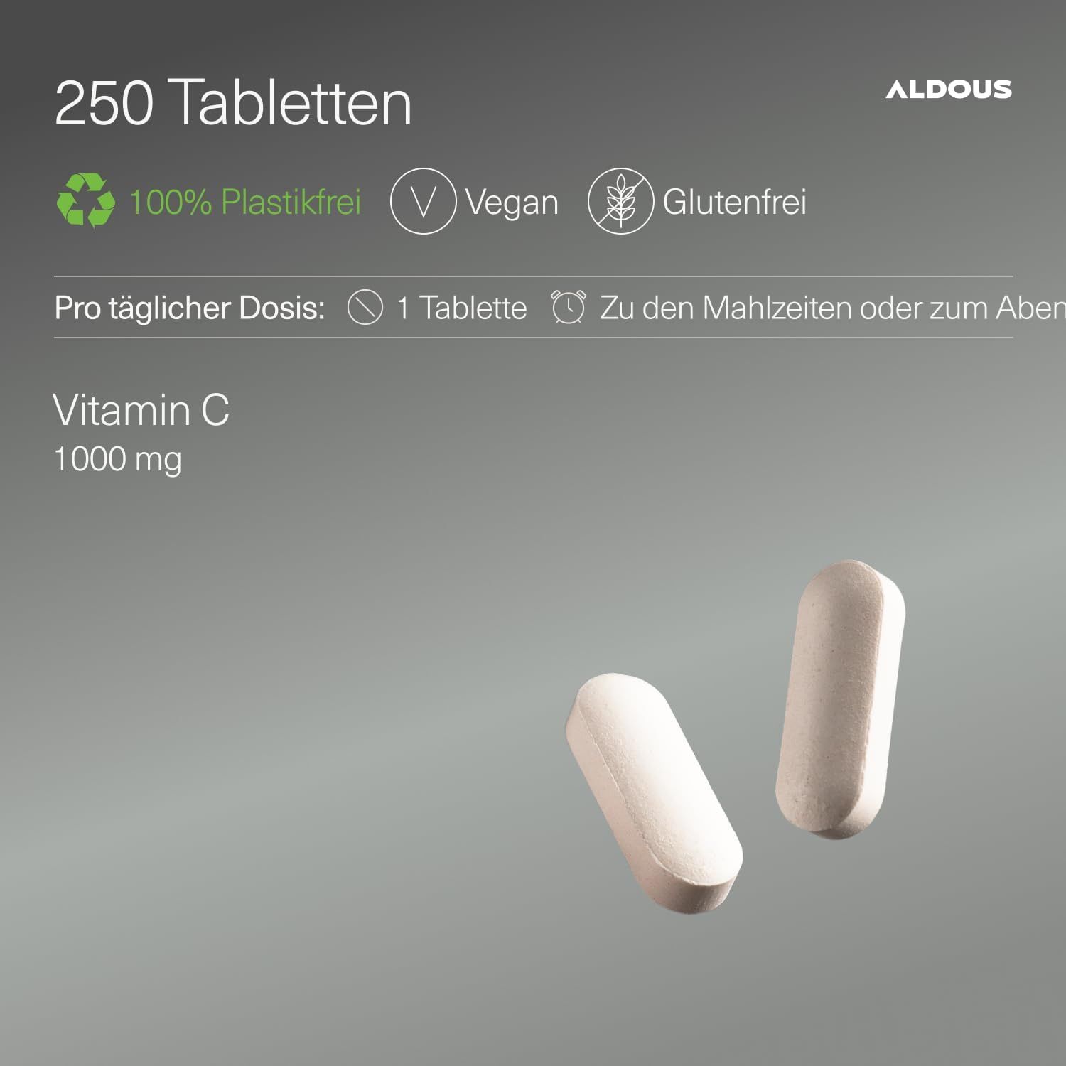 Deux comprimés Aldous Vitamine C 1000mg sur fond gris. Taille du paquet 250 comprimés. Végétalien, sans gluten, sans plastique.