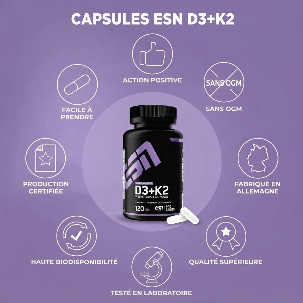 Capsules ESN D3+K2 : Icônes montrent prise facile, effet positif, sans OGM, production certifiée, Fabriqué en Allemagne, testé en labo.