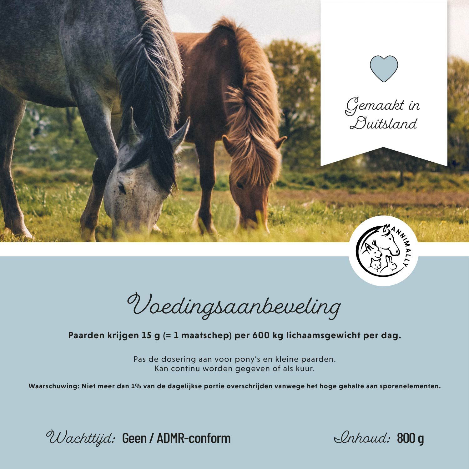 Voedingssupplement voor paarden. Pot met Vitamine E / Selenium & Lysine. 800g. Optimale ondersteuning voor spieren & prestaties.