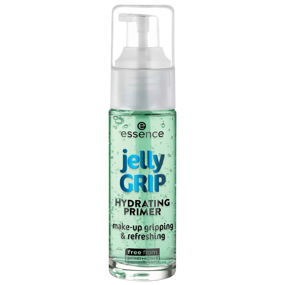 Primer liquide transparent avec pompe. Inscription: Jelly Grip, Hydrating Primer, make-up gripping & refreshing. Marque: essence.