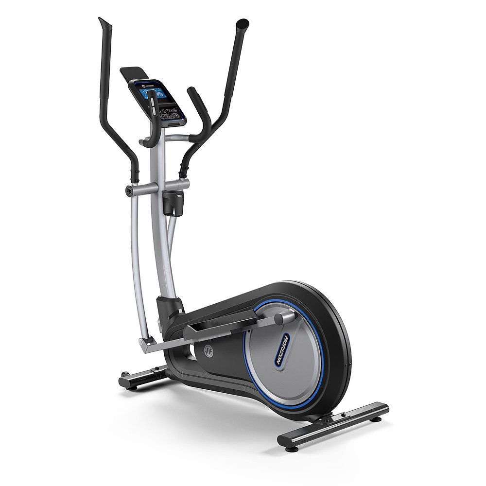 Crosstrainer noir et argent. Poignées, pédales, écran. Logo Horizon Fitness. Accents bleus. Sur fond blanc.