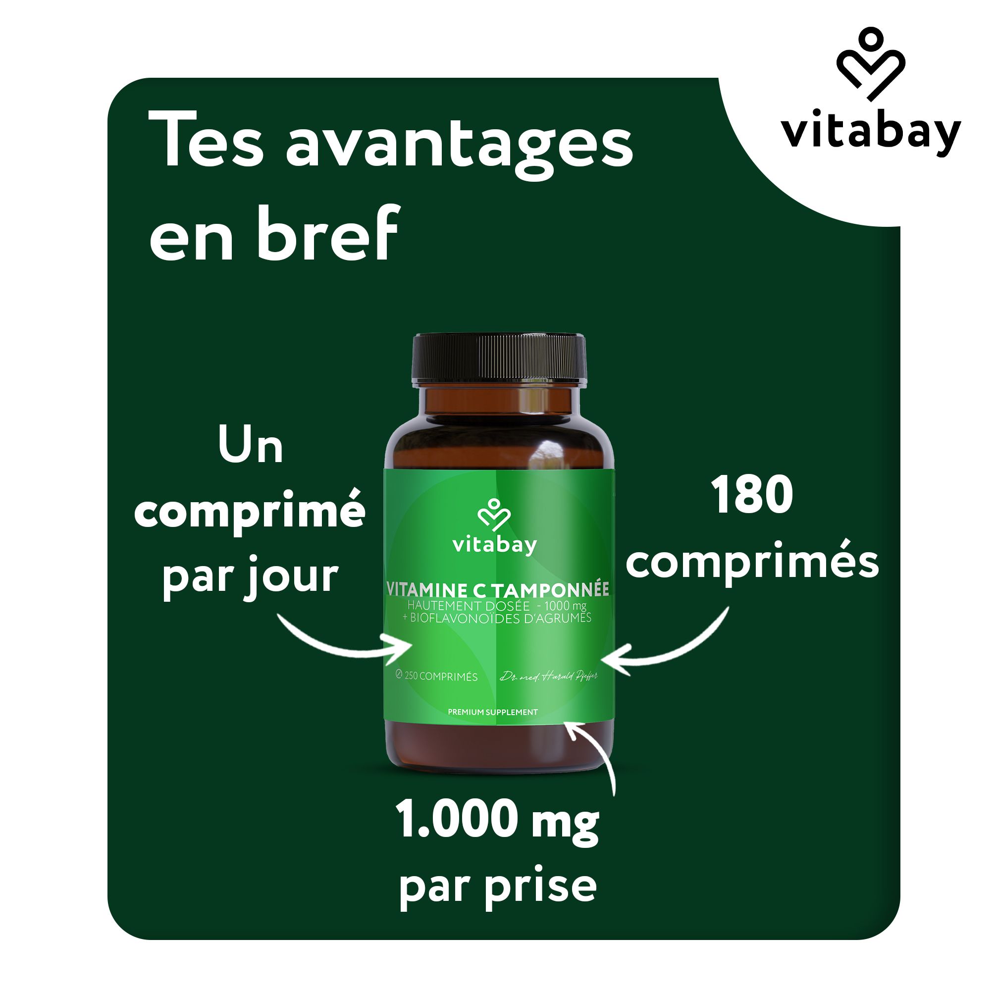 Flacon Vitamine C 1000 mg Vitabay avec tranches de citron, "Sans additifs".