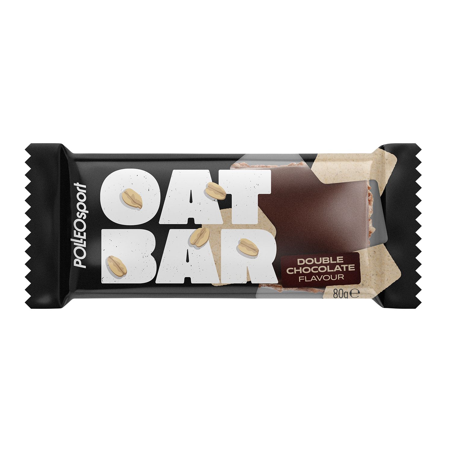 Barre Polleo Oat Bar individuelle. Emballage noir avec inscription Oat Bar et PolleoSport. Saveur double chocolat.