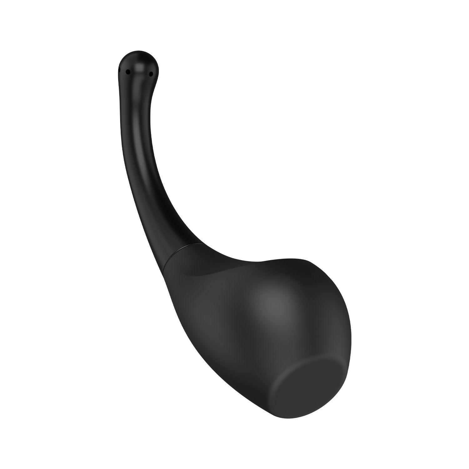 Zwart intiem reinigingsapparaat. Peer-vormig lichaam met gebogen hals en afgeronde punt.