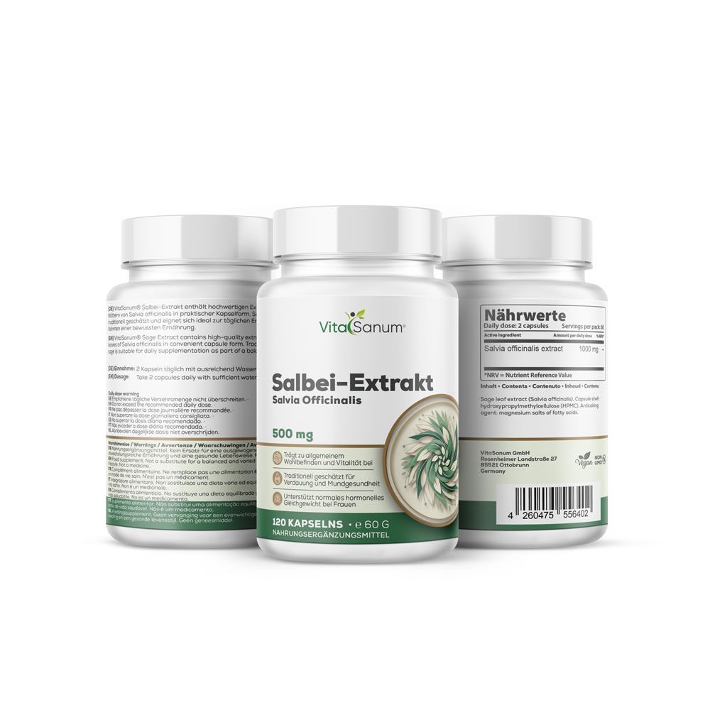 Trois flacons d'extrait de sauge 500 mg de VitaSanum. Un flacon est centré à l'avant, les deux autres sont légèrement décalés.