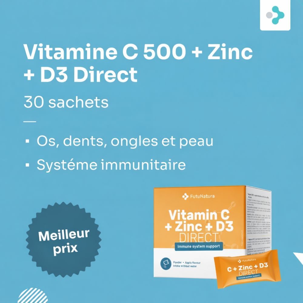 Boîte et sachets orange avec l'inscription Vitamine C + Zinc + D3 DIRECT. 30 sachets.