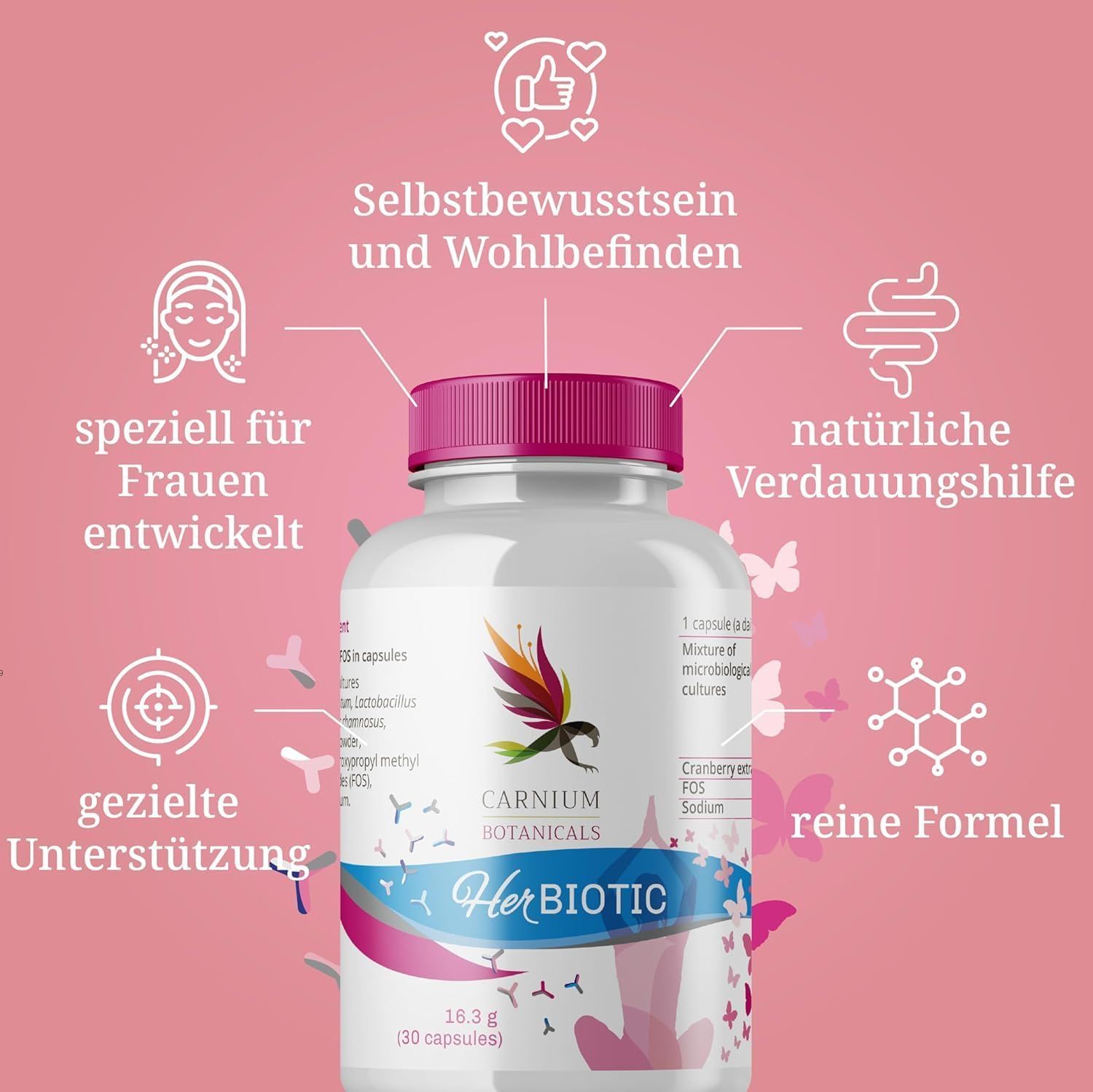 HerBiotic fles. Roze achtergrond met iconen en tekst: zelfvertrouwen, spijsverteringshulp, pure formule, gerichte ondersteuning.