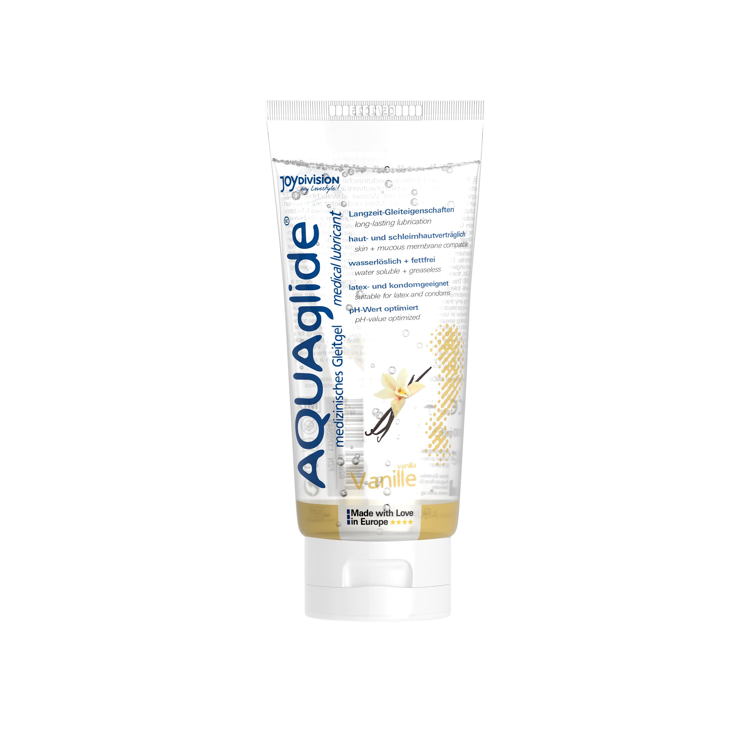 Tube de gel lubrifiant AQUAGLIDE Vanille avec fleur et gousses de vanille.