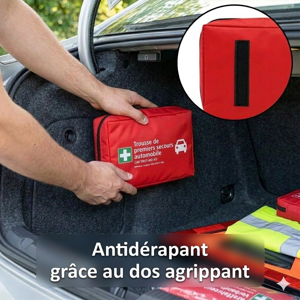 Trousse de premiers secours dans le coffre. Sac rouge avec velcro. Texte : Antidérapant grâce au dos agrippant.