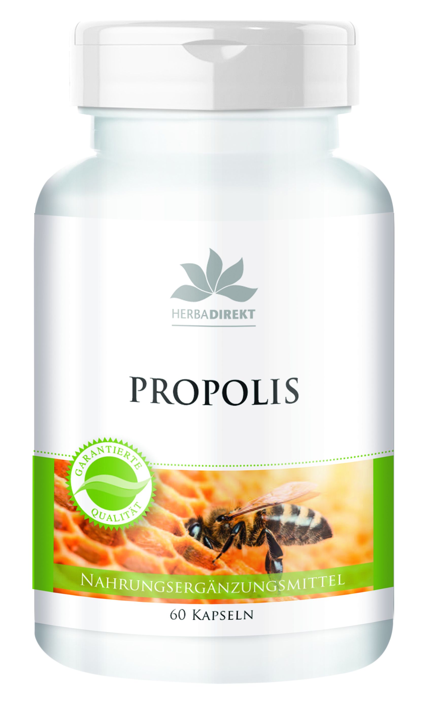 Witte fles met groen etiket. Opschrift PROPOLIS, honingraat en bij. 60 capsules. Herbadirekt logo.