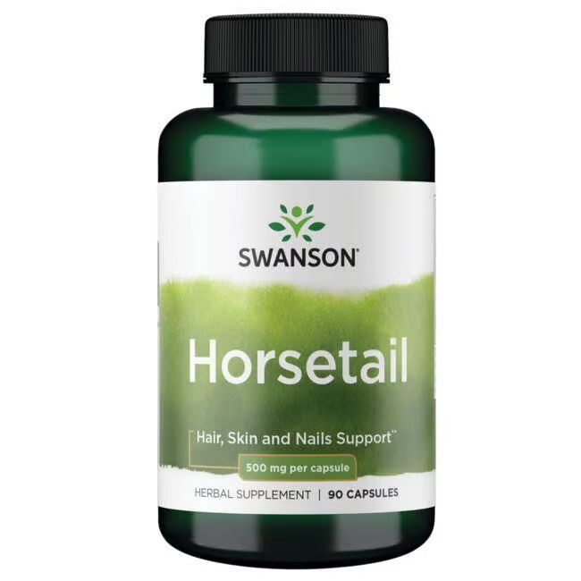 Flacon vert avec bouchon noir. Inscription: SWANSON Horsetail, 500 mg par capsule. 90 capsules.