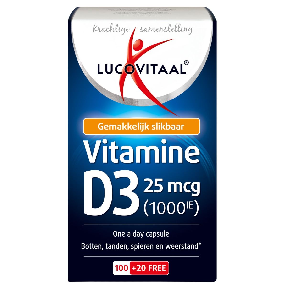 Verpakking van Lucovitaal Vitamine D3. Blauwe doos met productinfo en logo. Bevat 100+20 capsules.