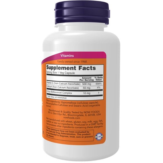 Flacon blanc, bouchon violet. Étiquette orange avec texte : Vitamine C, Ascorbate de calcium, 100 gélules végétales.