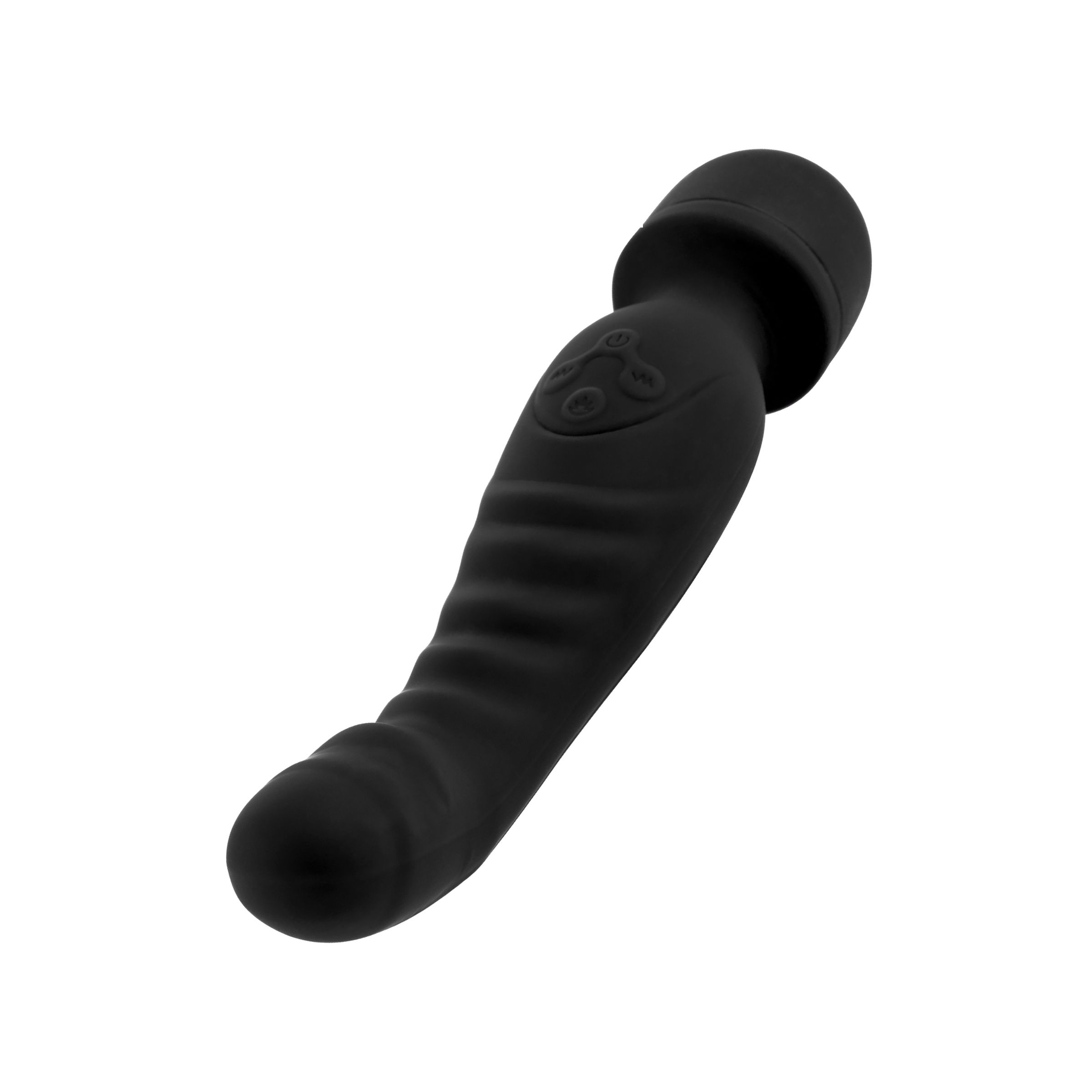 Produit de bien-être noir avec tête arrondie et manche cannelé. Légèrement incurvé.