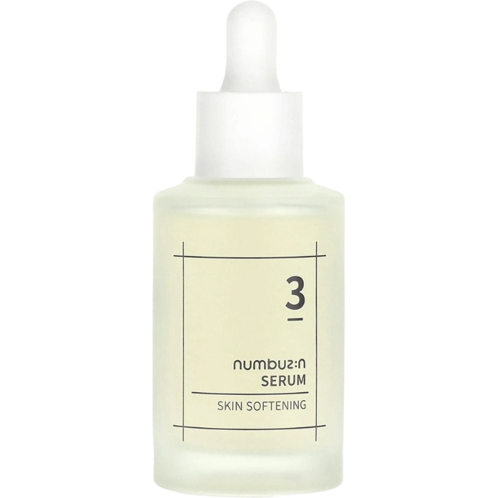 Serumfles met witte dop en pipet. Opschrift: 3, numbu:z:n SERUM SKIN SOFTENING.