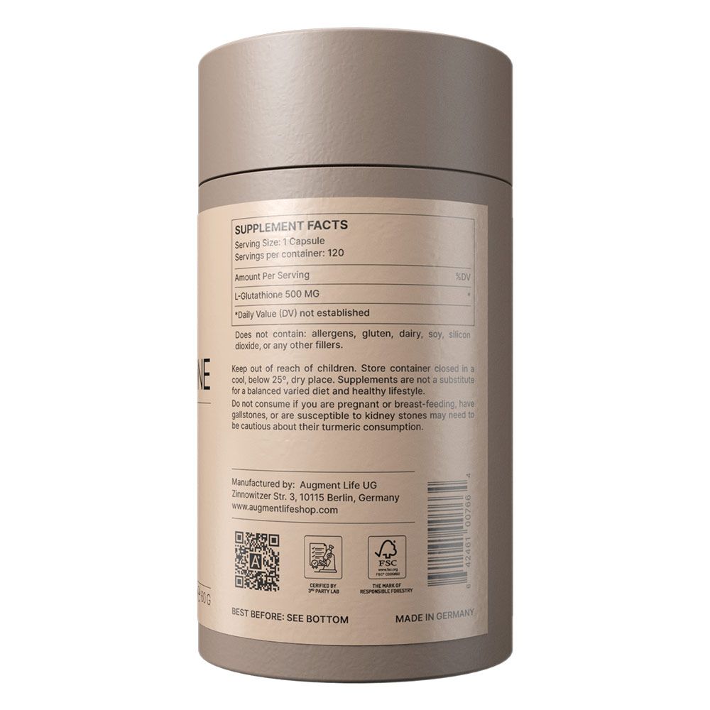 Étiquette de supplément nutritionnel sur un récipient cylindrique avec L-Glutathion 500 MG et informations sur le fabricant.