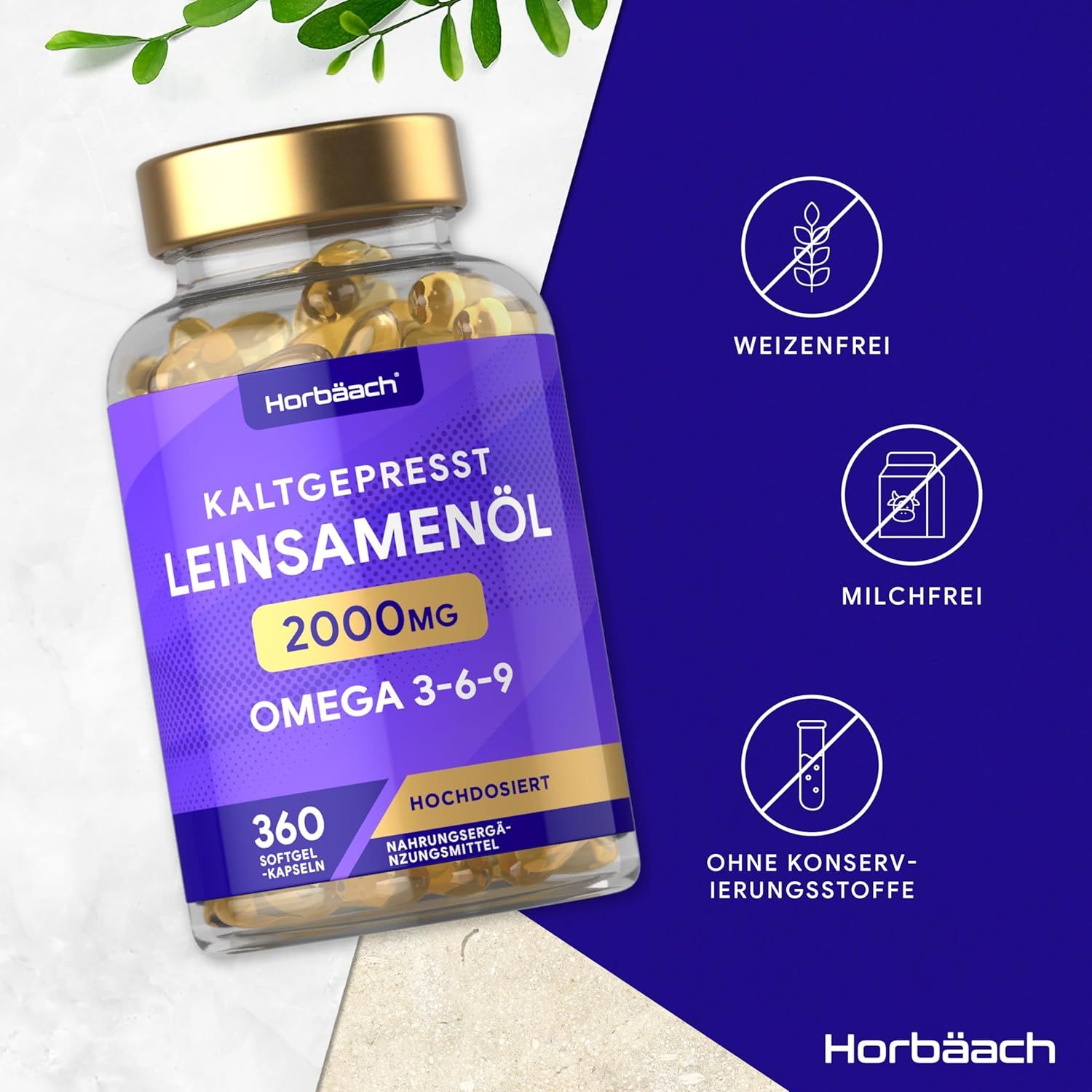 Flesje capsules. Opschrift: Koudgeperste lijnzaadolie 2000mg Omega 3-6-9. 360 softgel capsules. Symbolen: tarwevrij, melkvrij, zonder conserveermiddelen.