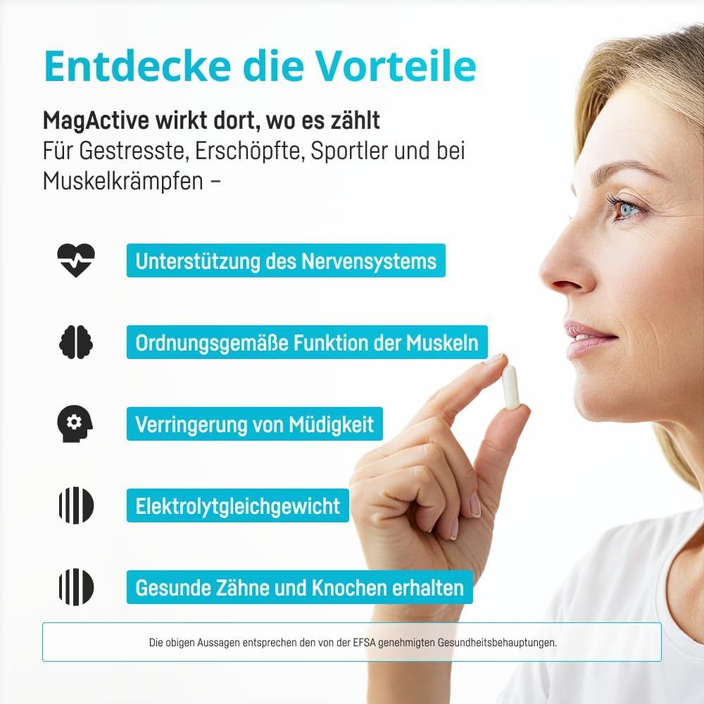 Femme tenant une gélule de Bio Medical Pharma MagActive Complexe Magnésium Vitamine B6.