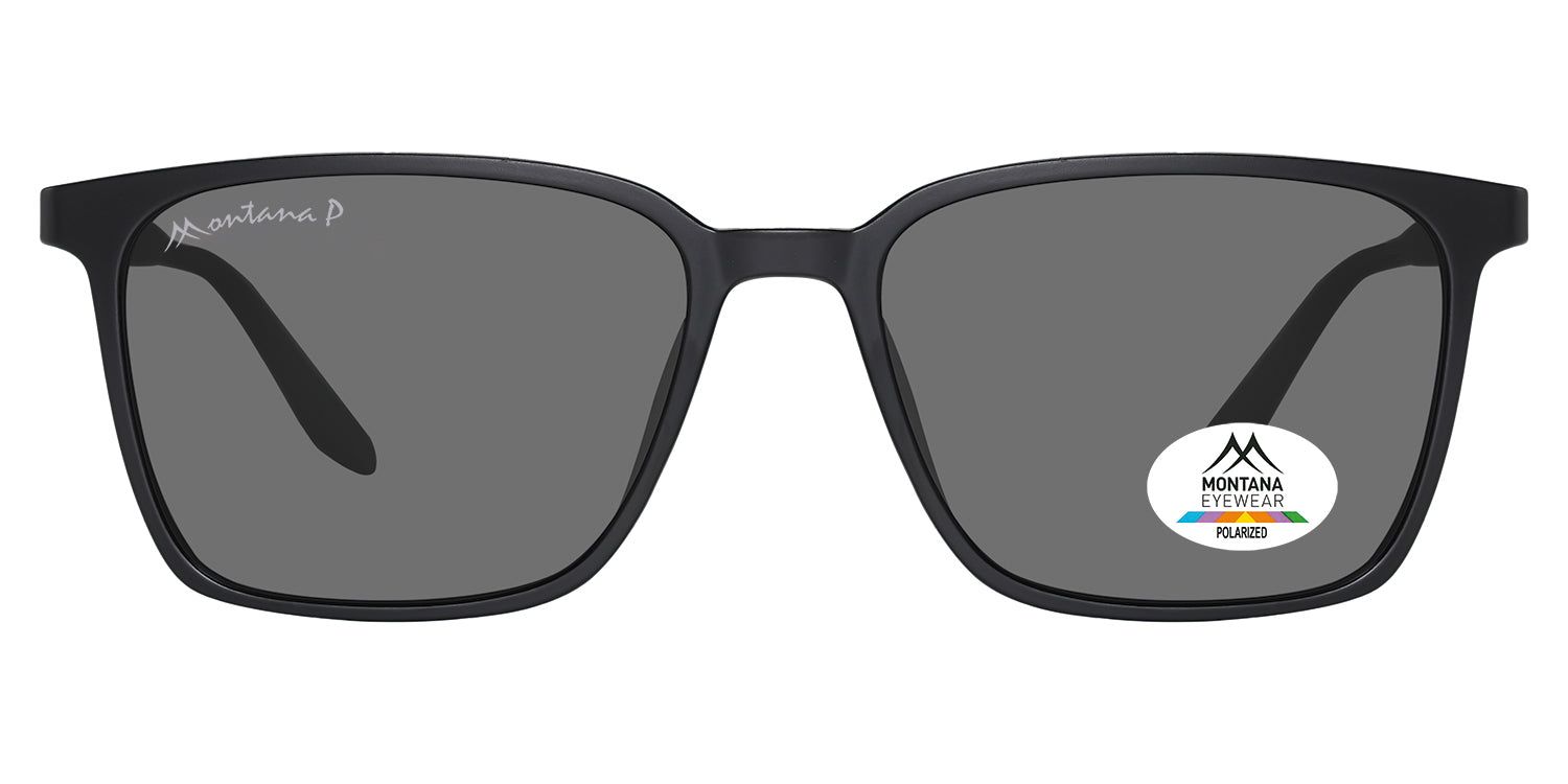 Lunettes de soleil noires avec verres rectangulaires. Logo Montana Eyewear sur la branche et le verre. Verres polarisés.