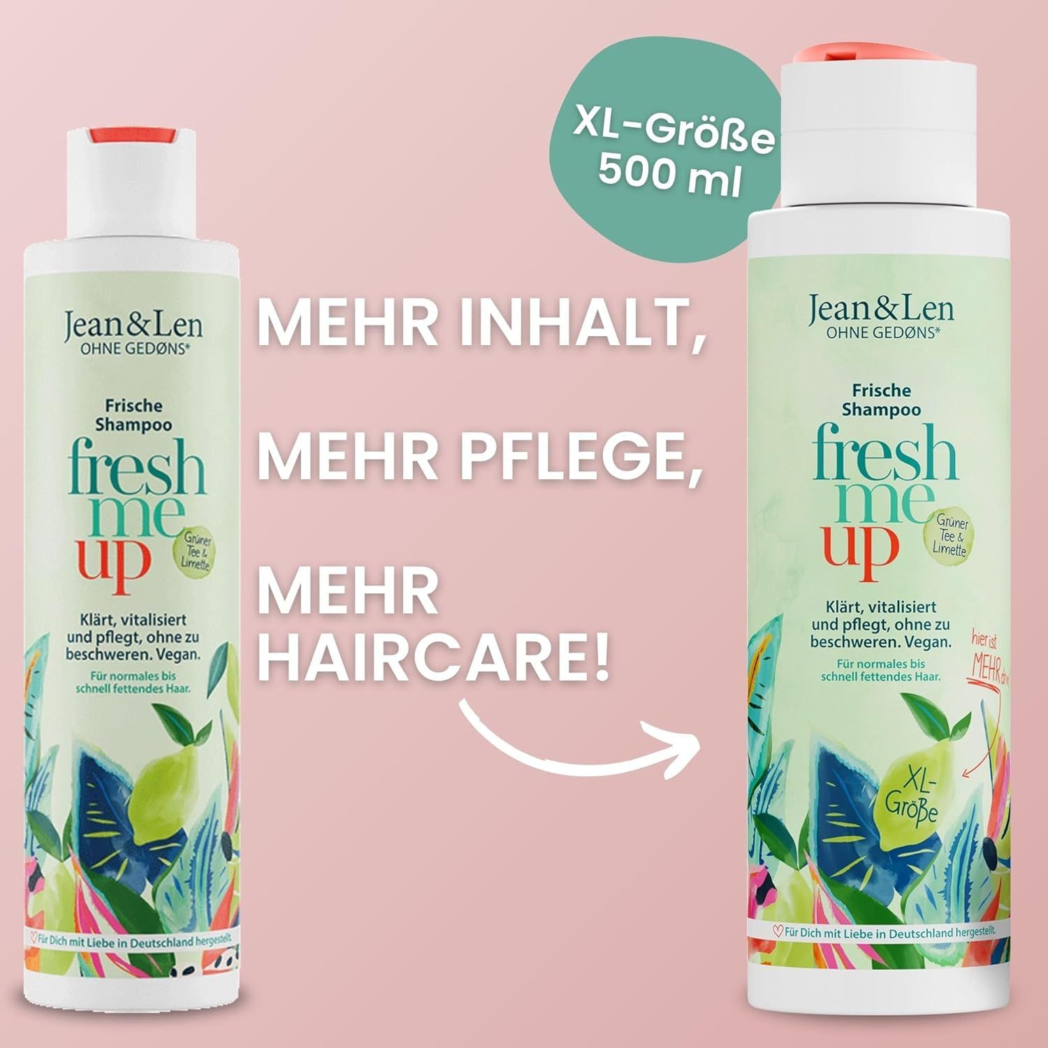 Comparaison de deux flacons de shampooing. Gauche : Jean & Len Frische Shampoo. Droite : XL-Größe, 500 ml. Texte : Plus de contenu, plus de soin, plus de soins capillaires !