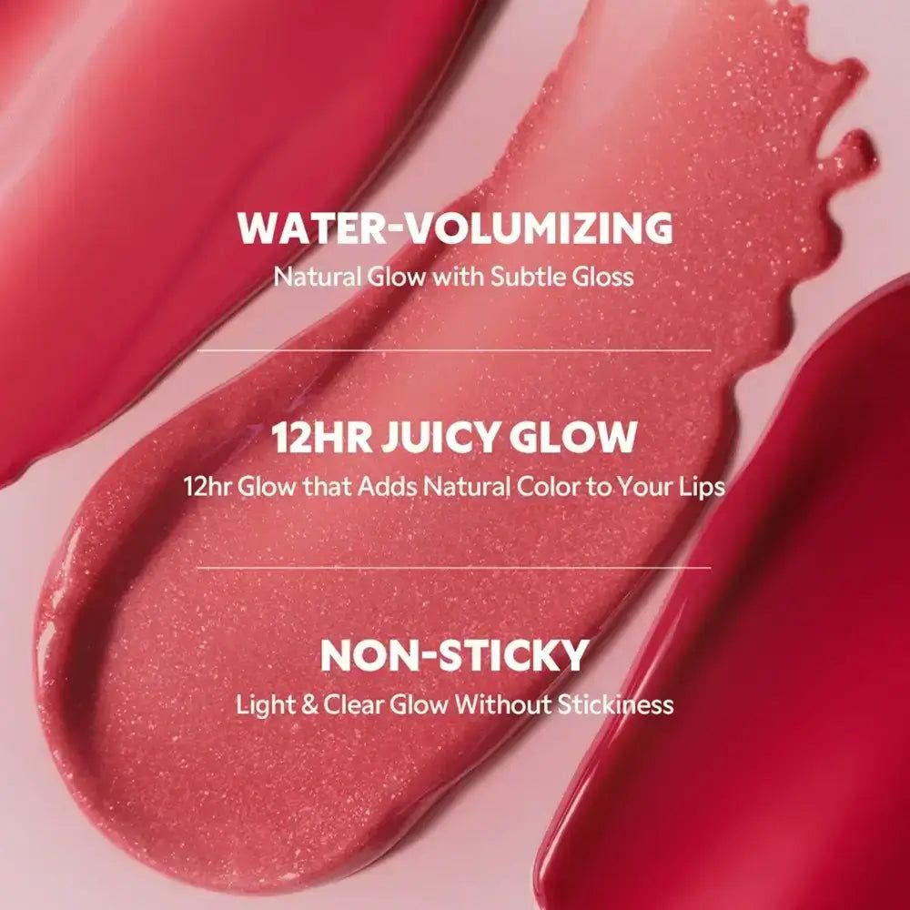 Tekst overlay over kleurstalen: Water-Volumizing, 12HR Juicy Glow, Non-Sticky.