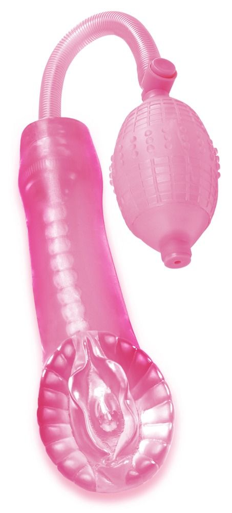 Roze penis pomp met pomp en slang. Vaginale opening. Cilindrische vorm met geribbeld oppervlak.