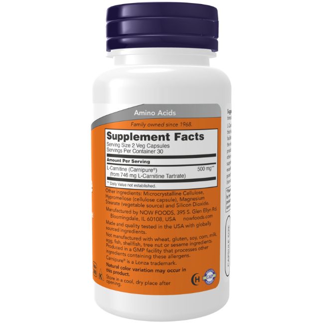 Arrière d'une bouteille de L-Carnitine 250 mg Now Foods avec informations nutritionnelles.