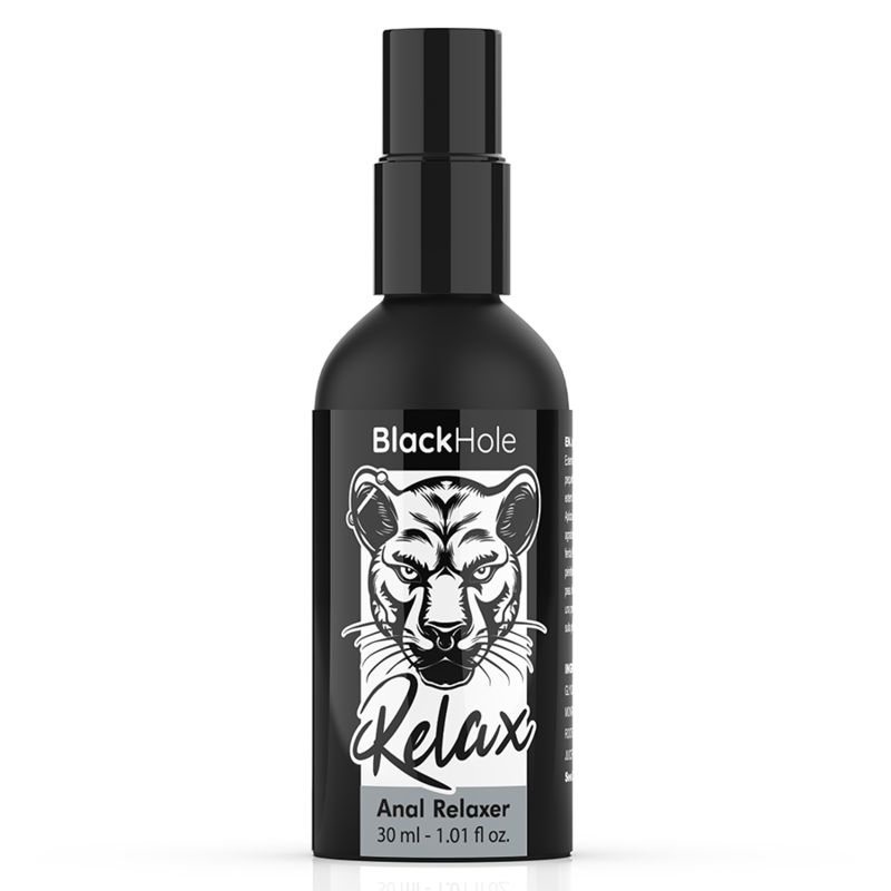 Flacon noir avec vaporisateur. Inscription Black Hole Relax, logo tête de tigre. 30 ml.