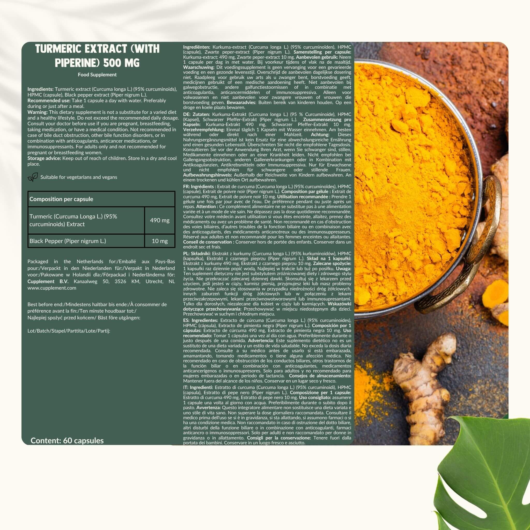 Verpakking van kurkuma-extract (piperine) 500 mg capsules. Bevat 60 capsules.